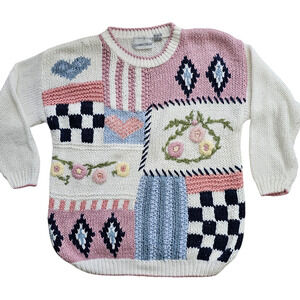 VTG 90s Cabin Creek handknit crew neck sweater pastel floral grandma M